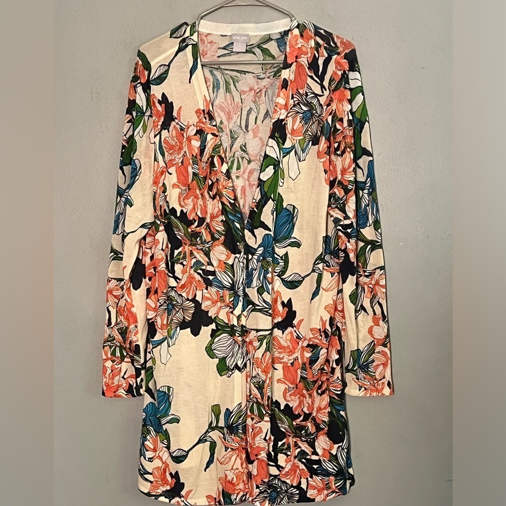 Chicos Orange Floral Long Sleeve Cardigan Sweater 2 (large)‎